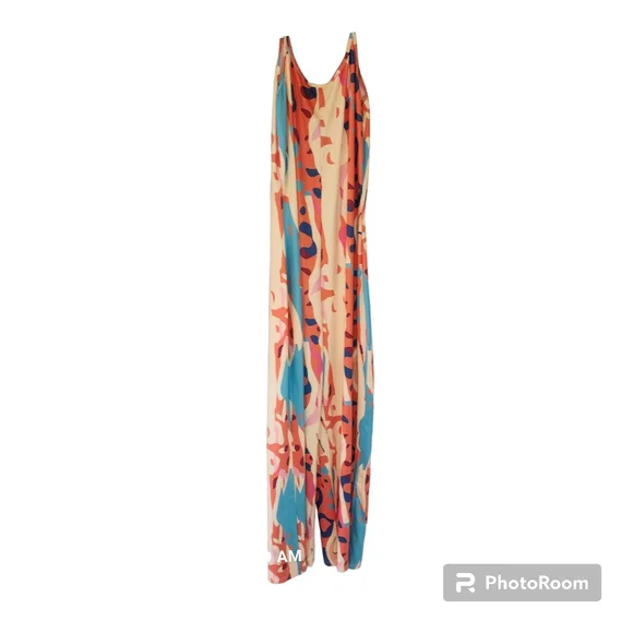 Orange, blue, yellow, and pink jumpsuit. Spaghetti straps. Size Large. - Picture 1 of 8